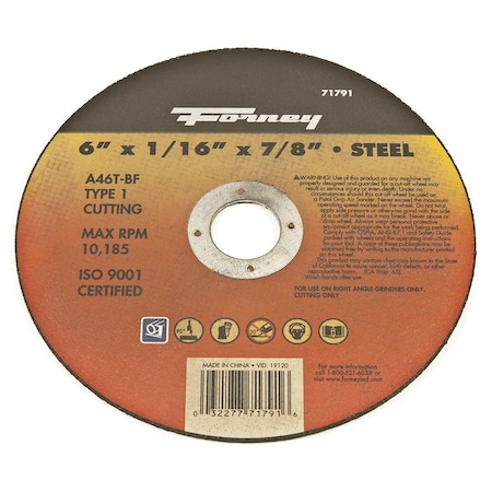 Cut-Off Wheel, Metal, Type 1, 6 in x 1/16 in x 7/8 in